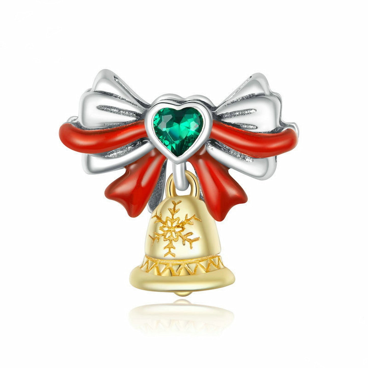 Christmas Bow Bell Dangle Charm, Green Heart Gem, Personalized Jewelry Gift.