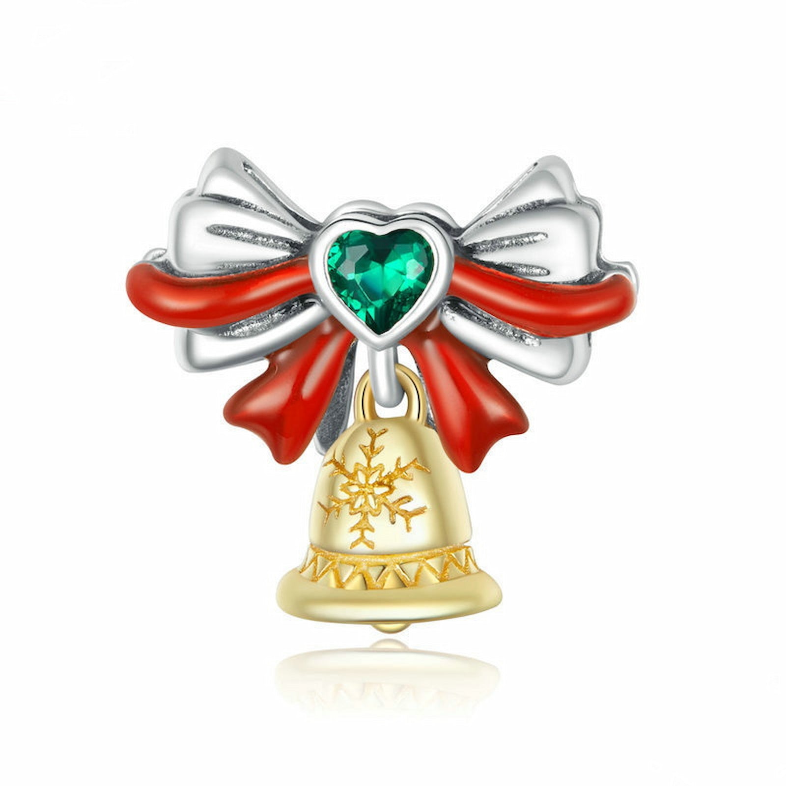 Christmas Bow Bell Dangle Charm, Green Heart Gem, Personalized Jewelry Gift.