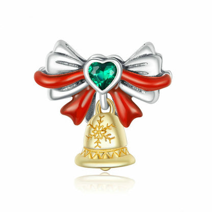 Christmas Bow Bell Dangle Charm, Green Heart Gem, Personalized Jewelry Gift.