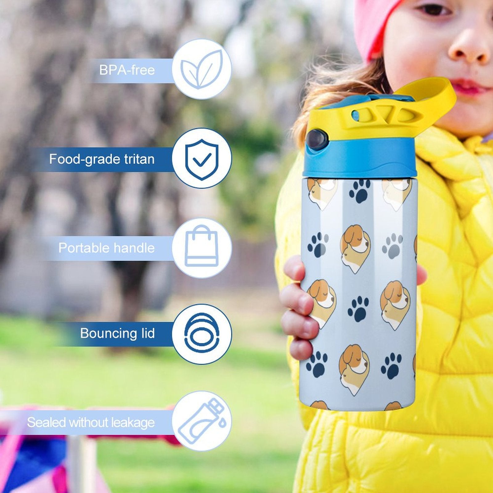 Key features: BPA-free, food-grade tritan, portable handle, sealed, autospout lid.