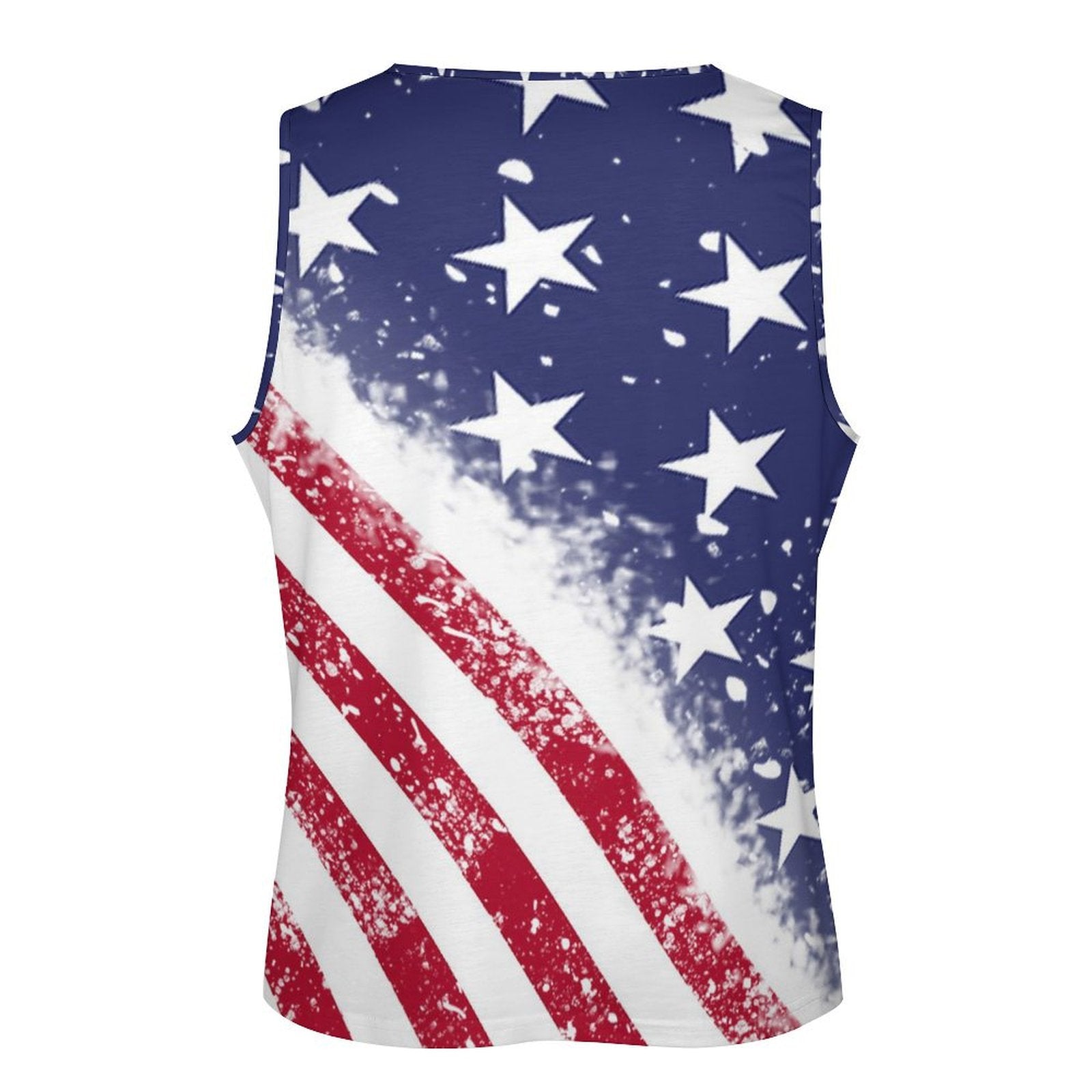 Back view of Quick Dry Sleeveless Mens Tank Top, Distressed American Flag design.