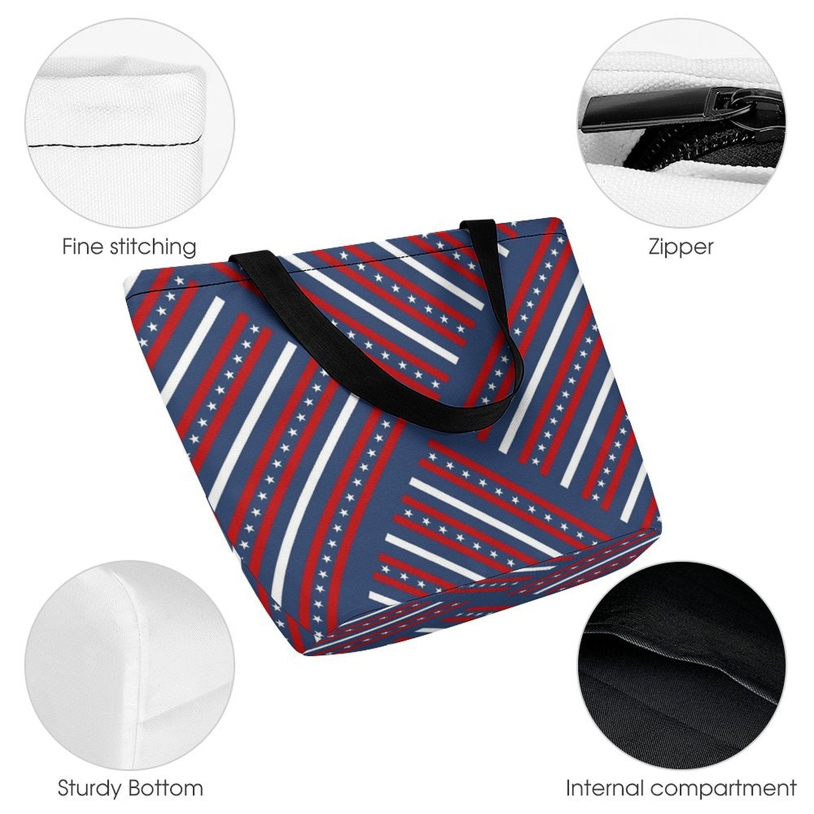 Personalized Tote Bag details: fine stitching, sturdy bottom, internal compartment, zipper.