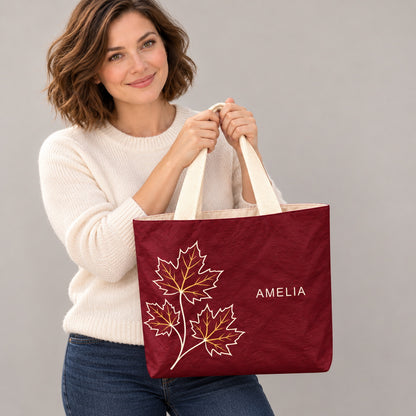 Personalized Burgundy Maple Leaf Tote Bag with Custom Name showing the custom name and botanical design detail