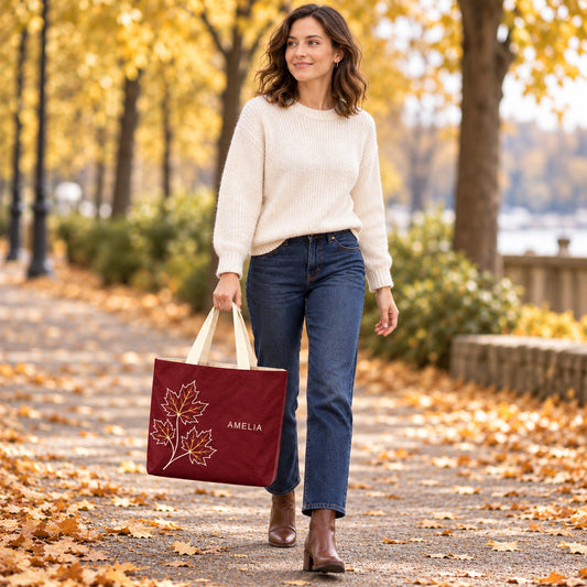 Personalized Burgundy Maple Leaf Tote Bag with Custom Name styled for seasonal walking outfits