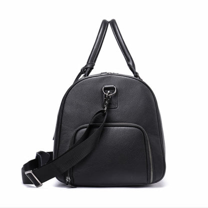 Side view of the personalized black leather travel bag 