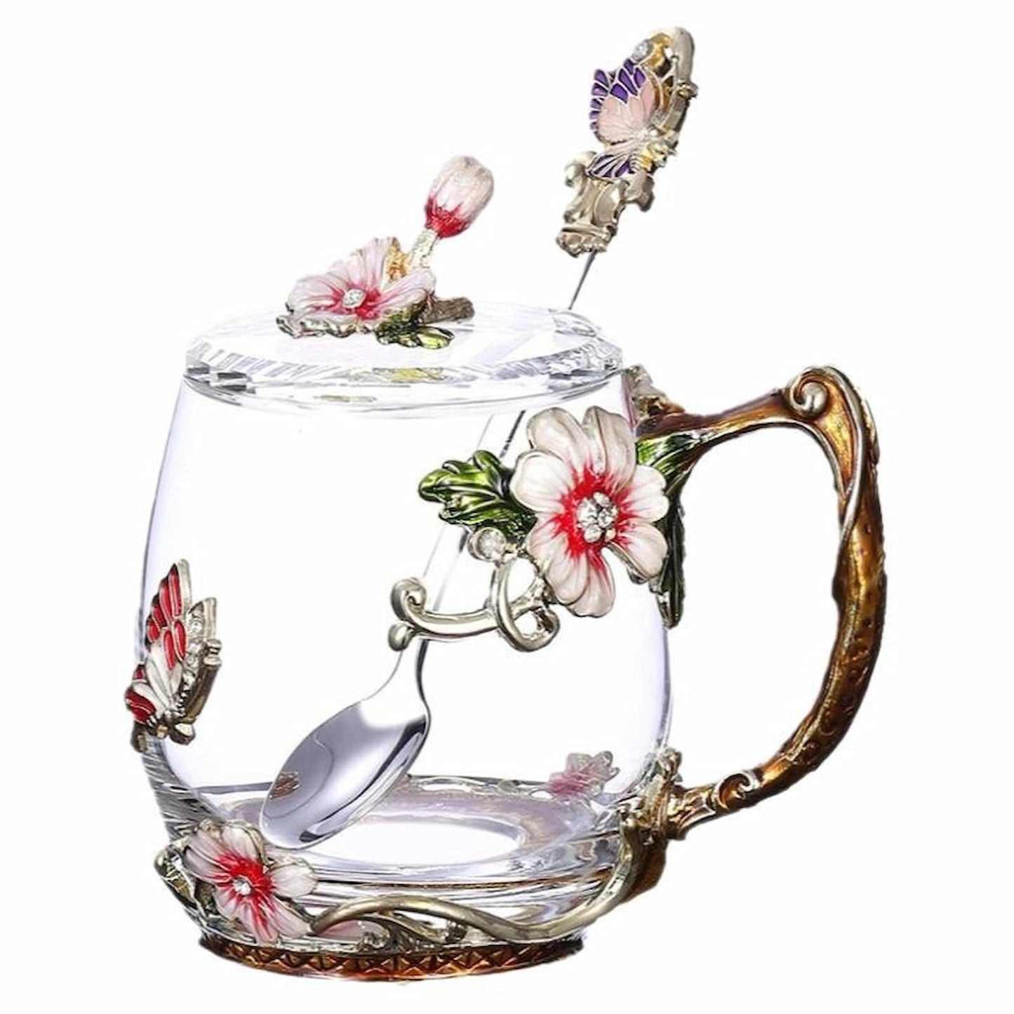 Enamel butterfly glass mug with lid and spoon, birthday gift for her.