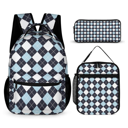 Custom Geometric-Print Backpack and Lunch-Bag Set for Girls-Boys Bookbags, 3Pcs School Bag with Lunch Bag Pencil Case