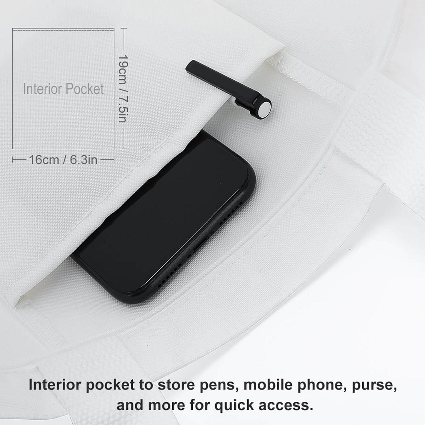 Canvas Tote Bag interior pocket with phone/pen; dimensions of the practical internal pocket.