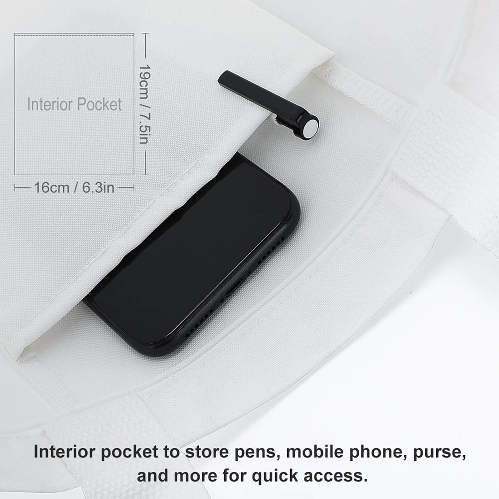 Canvas Tote Bag interior pocket with phone/pen; dimensions of the practical internal pocket.