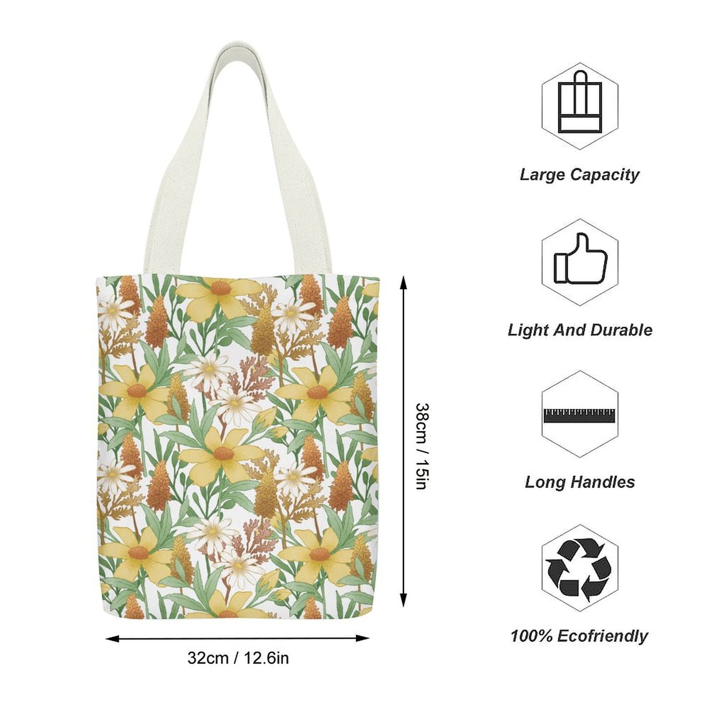 Reusable Canvas Tote Bag with dimensions and features: large capacity, 100% ecofriendly.
