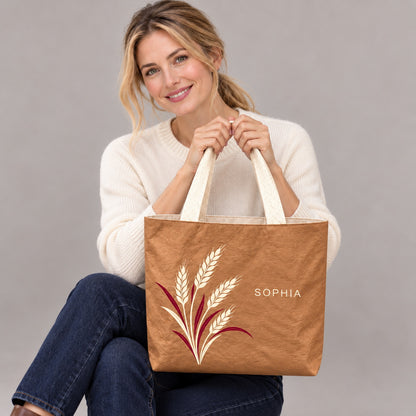 Personalized Caramel Wheat Tote Bag with Custom Name showing the custom name and botanical design detail