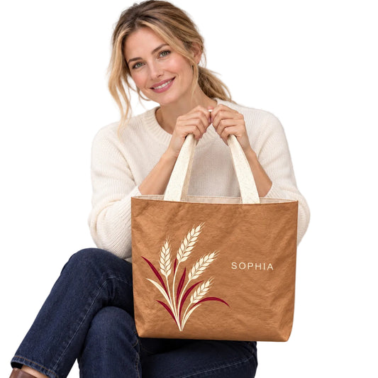 Personalized Caramel Wheat Tote Bag with Custom Name showing the custom name and botanical design detail