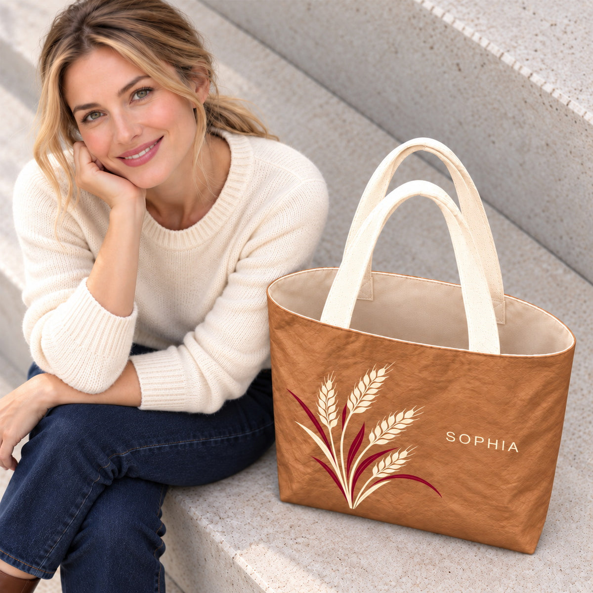 Personalized Caramel Wheat Tote Bag with Custom Name showing the paper-like exterior and interior view