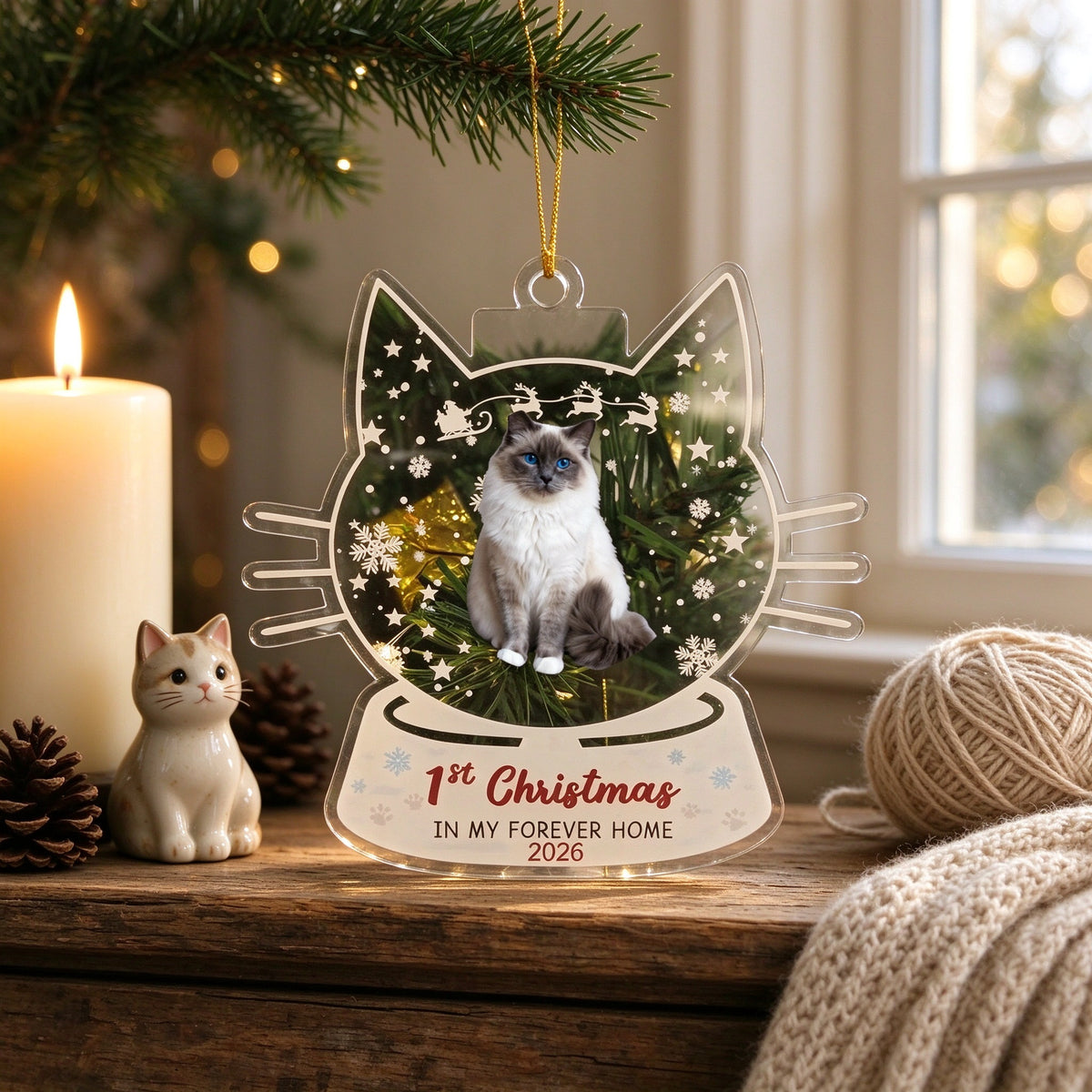 Personalized Cat Photo Christmas Ornament with Name, First Christmas Gift - Christmas tree or lifestyle scene