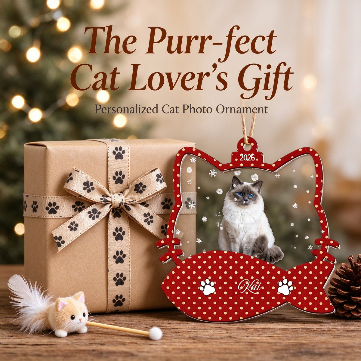 Personalized Cat Photo Christmas Ornament with Custom Name, Initial and Year - centerpiece display