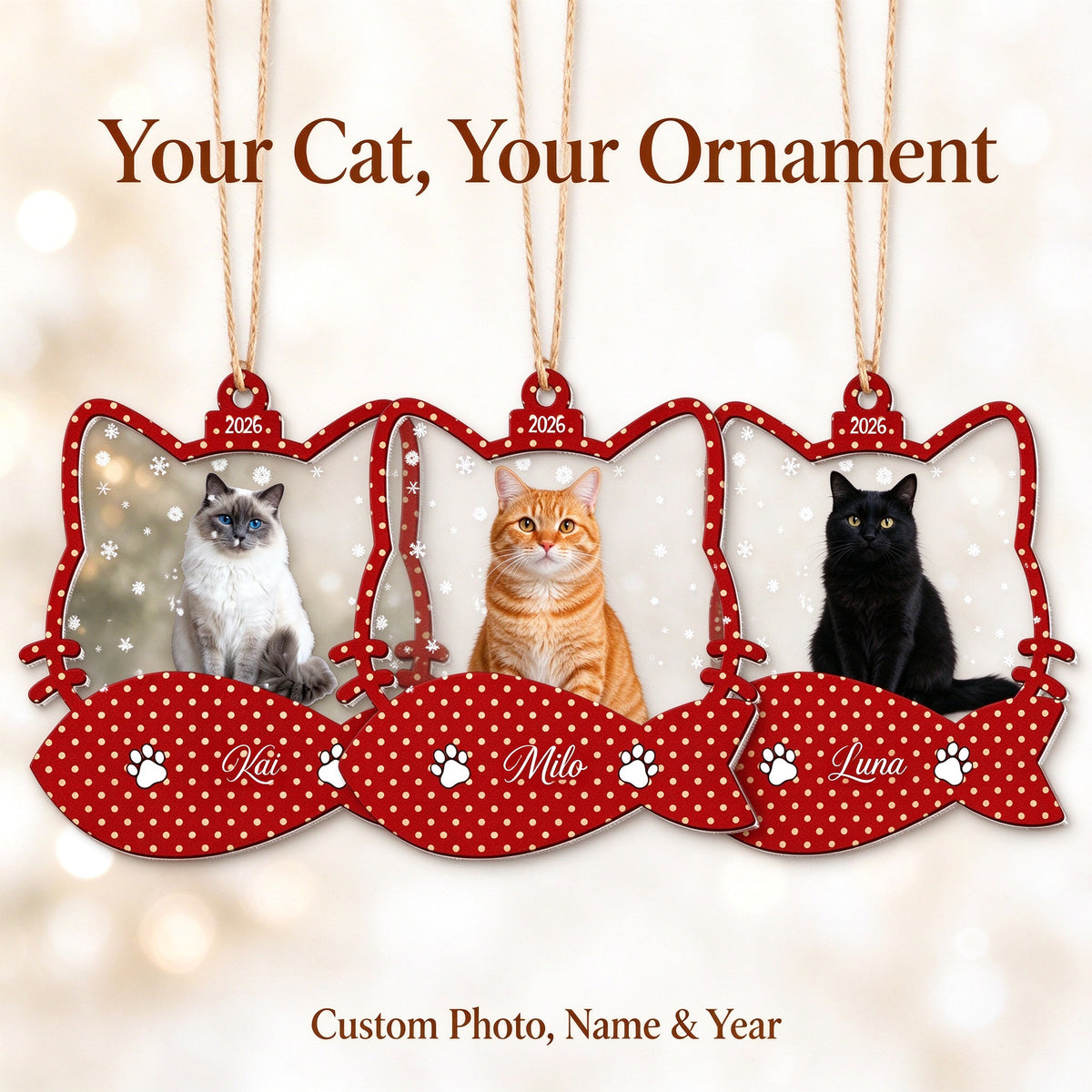 Personalized Cat Photo Christmas Ornament with Custom Name, Initial and Year - custom options or details