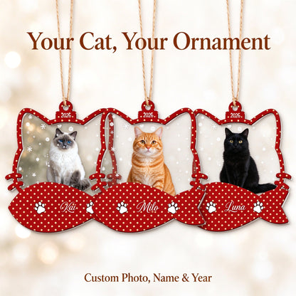 Personalized Cat Photo Christmas Ornament with Custom Name, Initial and Year - custom options or details