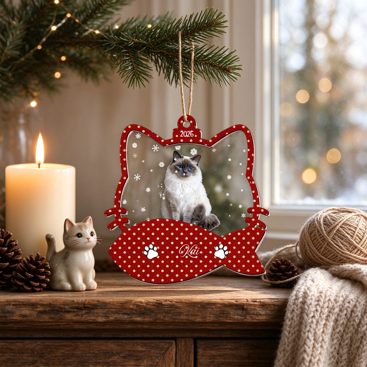 Personalized Cat Photo Christmas Ornament with Custom Name, Initial and Year - main product view