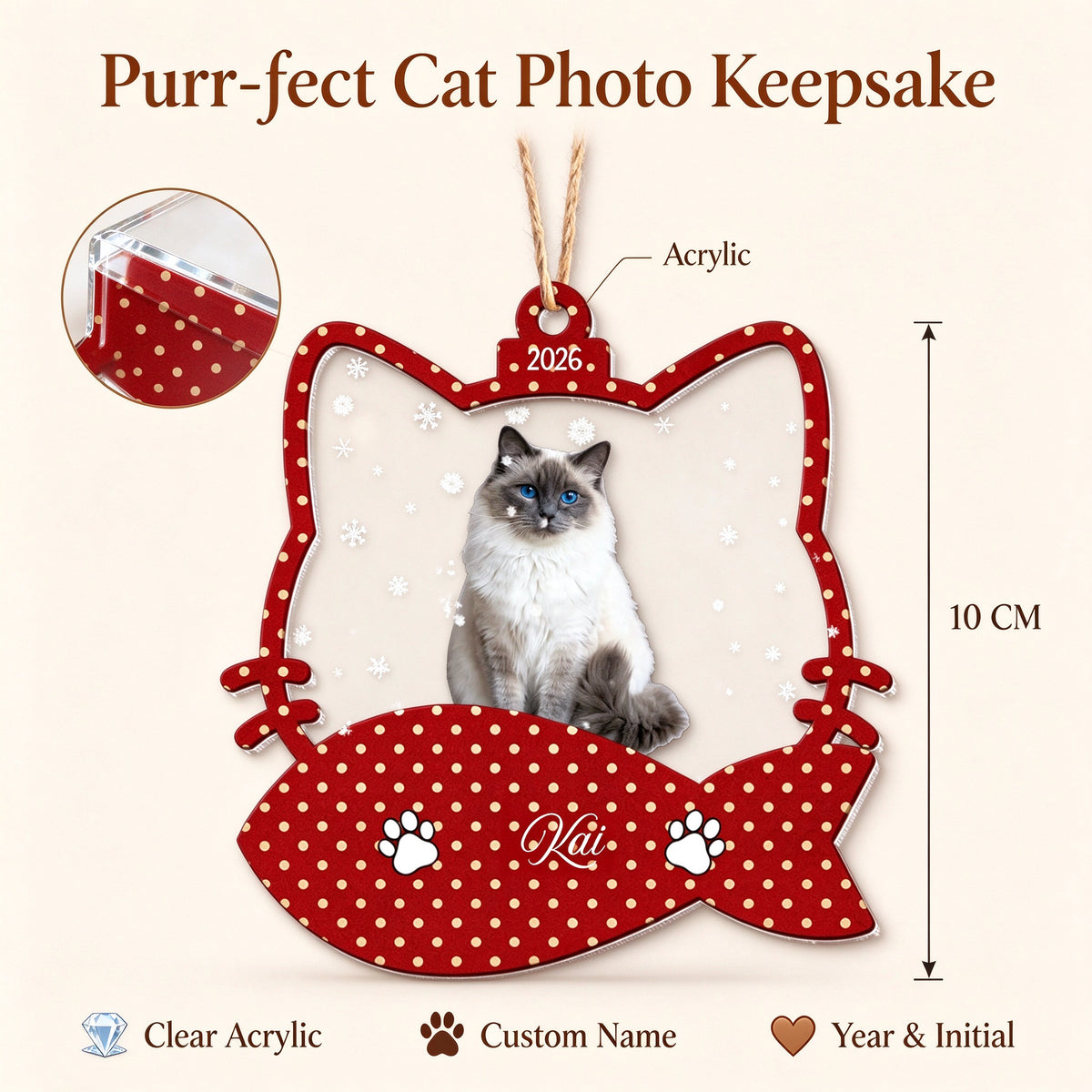 Personalized Cat Photo Christmas Ornament with Custom Name, Initial and Year - gift scene