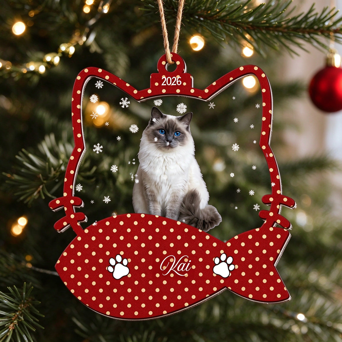 Personalized Cat Photo Christmas Ornament with Custom Name, Initial and Year - lifestyle scene