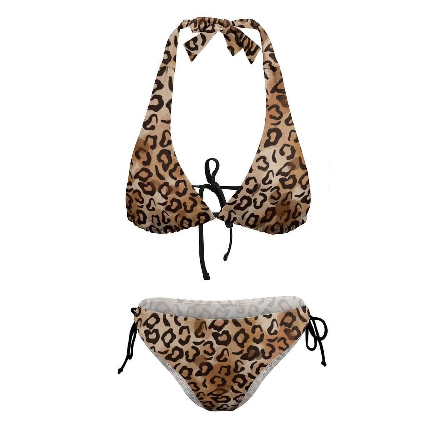Flat lay of leopard print Brazilian thong cheeky two piece swimsuit.