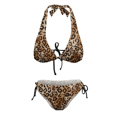 Flat lay of leopard print Brazilian thong cheeky two piece swimsuit.