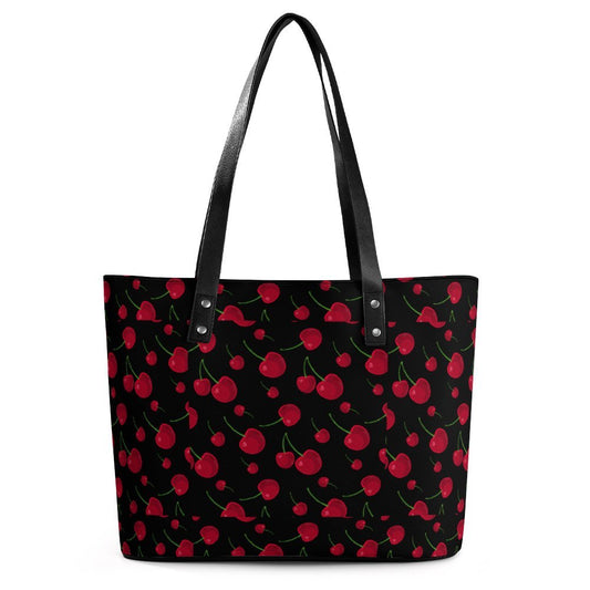 Custom print cherry women tote bag black PU faux leather.