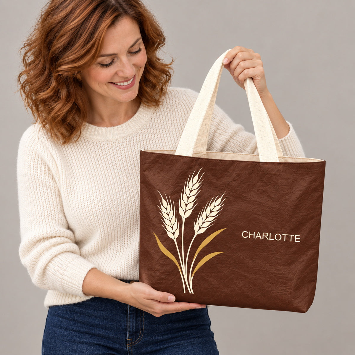 Personalized Chocolate Brown Wheat Tote Bag with Custom Name showing the custom name and botanical design detail