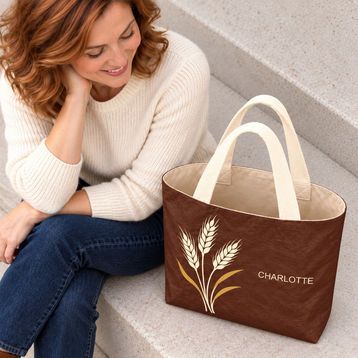 Personalized Chocolate Brown Wheat Tote Bag with Custom Name showing the paper-like exterior and interior view