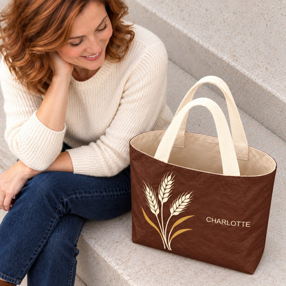 Personalized Chocolate Brown Wheat Tote Bag with Custom Name showing the paper-like exterior and interior view