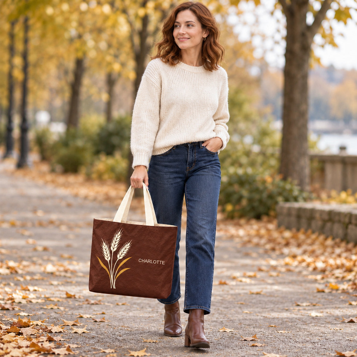 Personalized Chocolate Brown Wheat Tote Bag with Custom Name styled for seasonal walking outfits