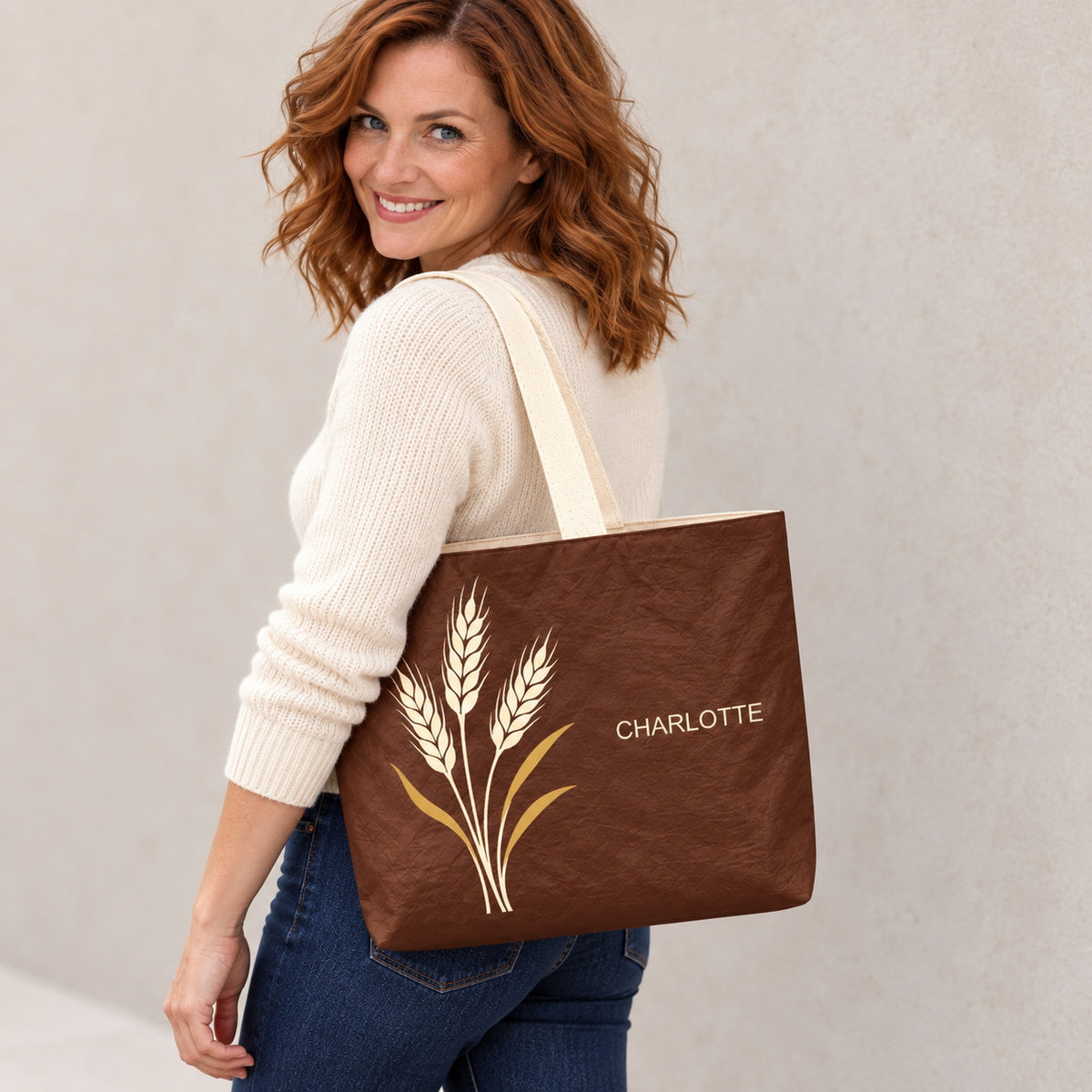 Personalized Chocolate Brown Wheat Tote Bag with Custom Name shown as an everyday shoulder carry look