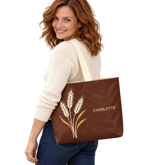 Personalized Chocolate Brown Wheat Tote Bag with Custom Name shown as an everyday shoulder carry look