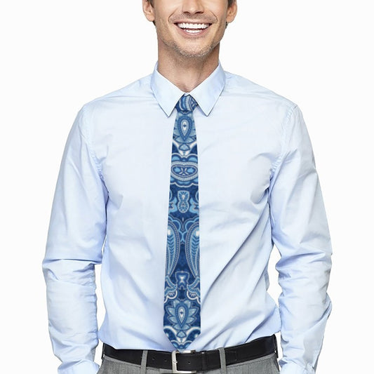 Classic men's floral print tie, great for groom/groomsmen, shown on light blue shirt.