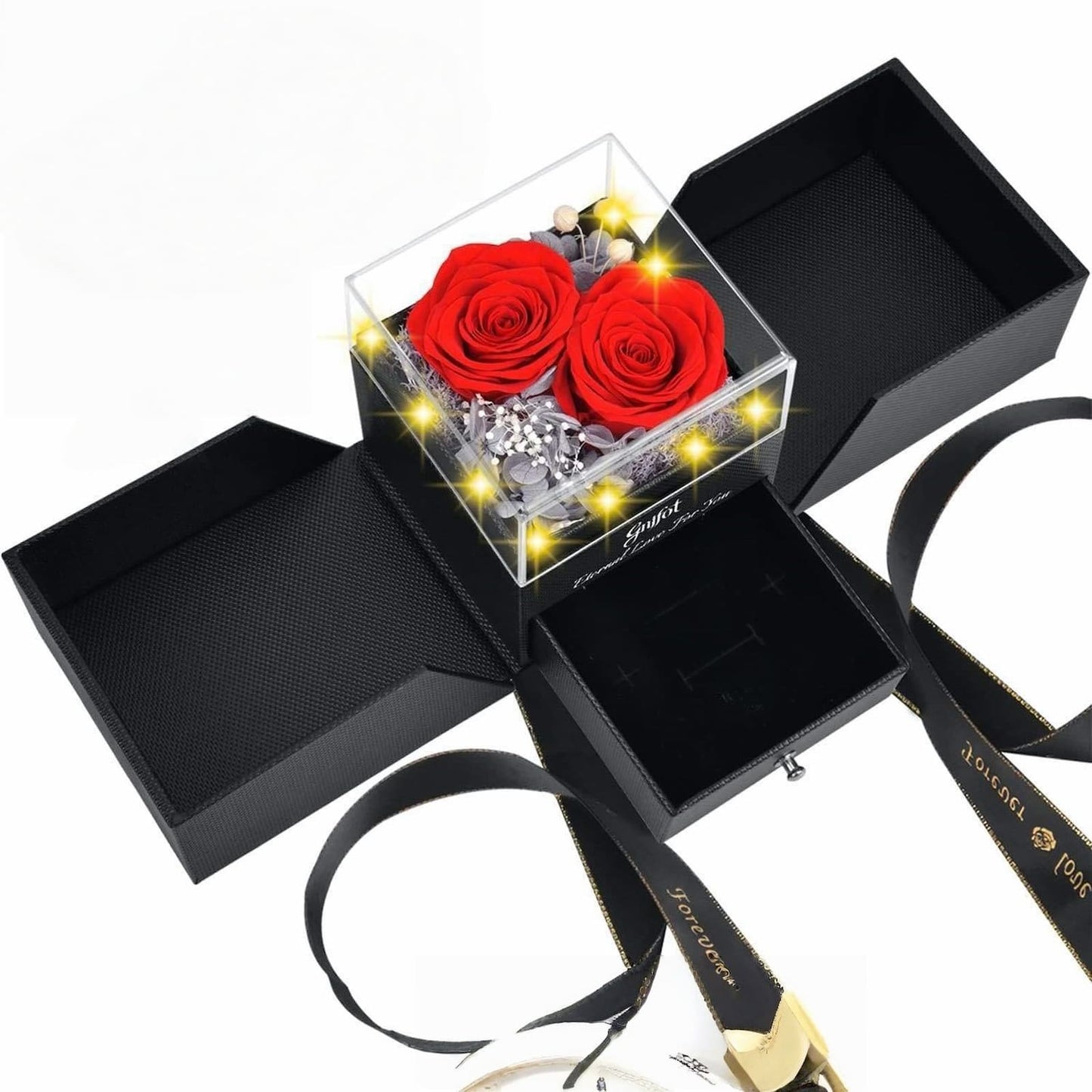 Classic red preserved roses in a black jewelry box with glowing LED lights.