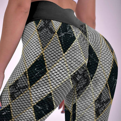 Close-up: Honeycomb Scrunch Butt and High Waist Detail on Argyle Leggings
