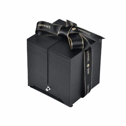 Closed black luxury gift box with elegant "Forever Love" satin ribbon bow.