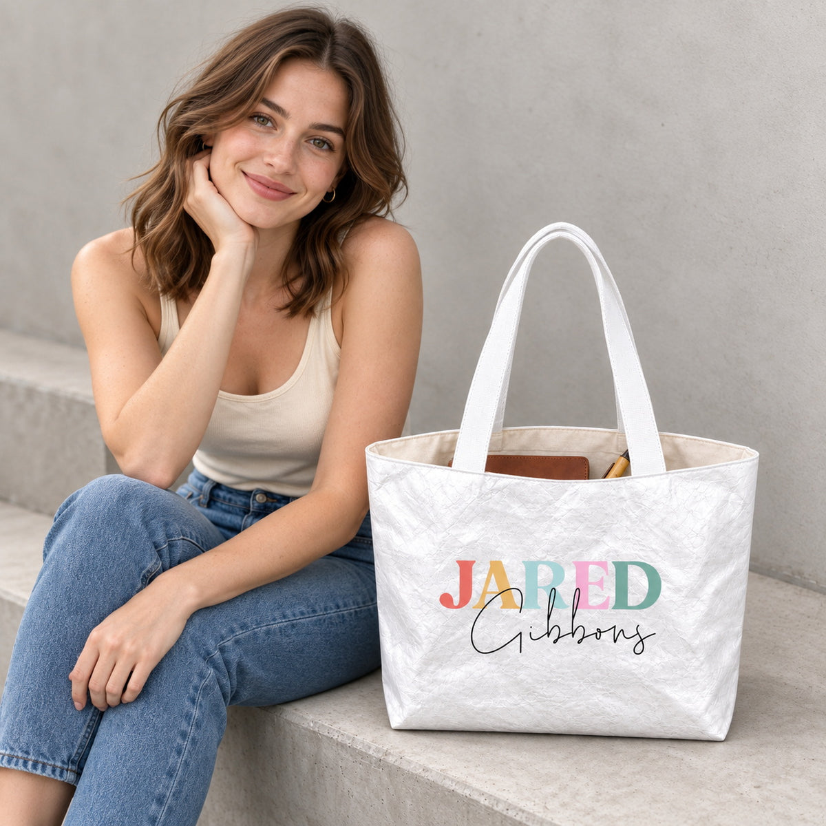 Personalized Colorful First and Last Name Tote Bag - outfit and styling view