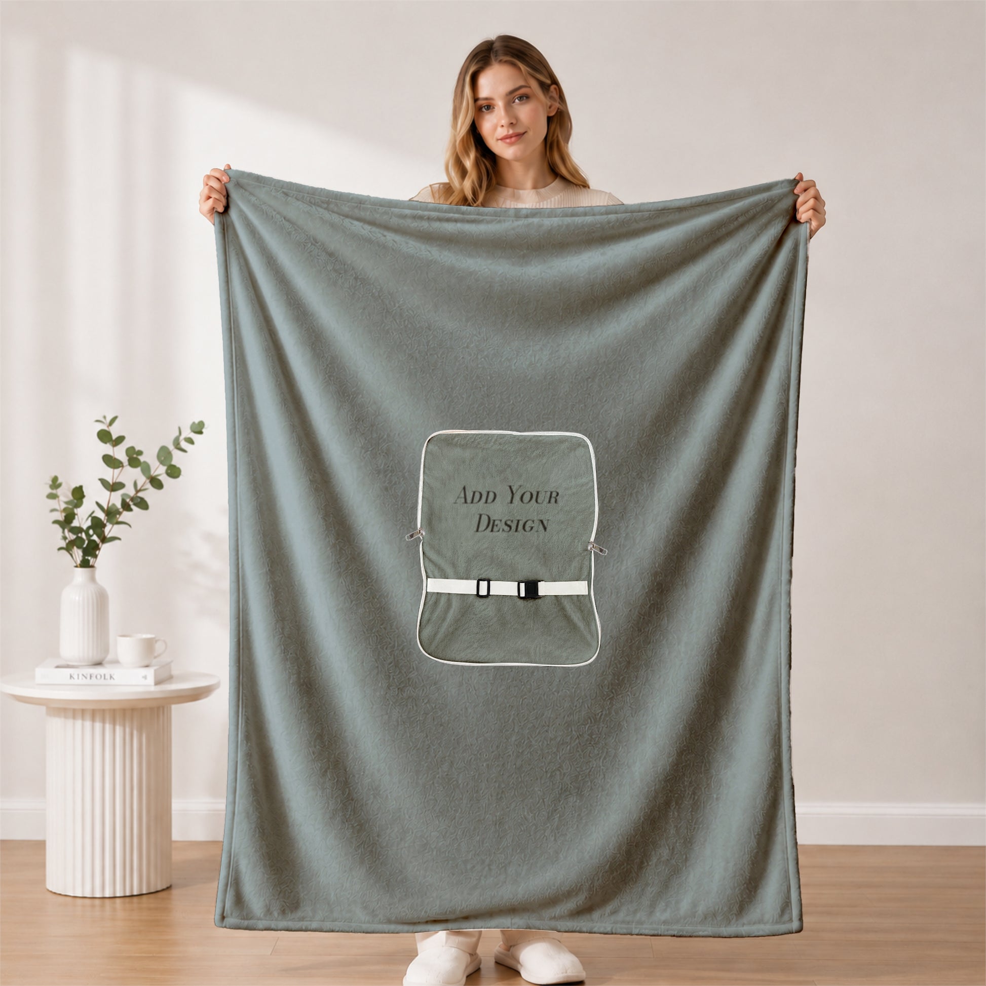 Woman showcasing a large custom-branded corporate blanket.