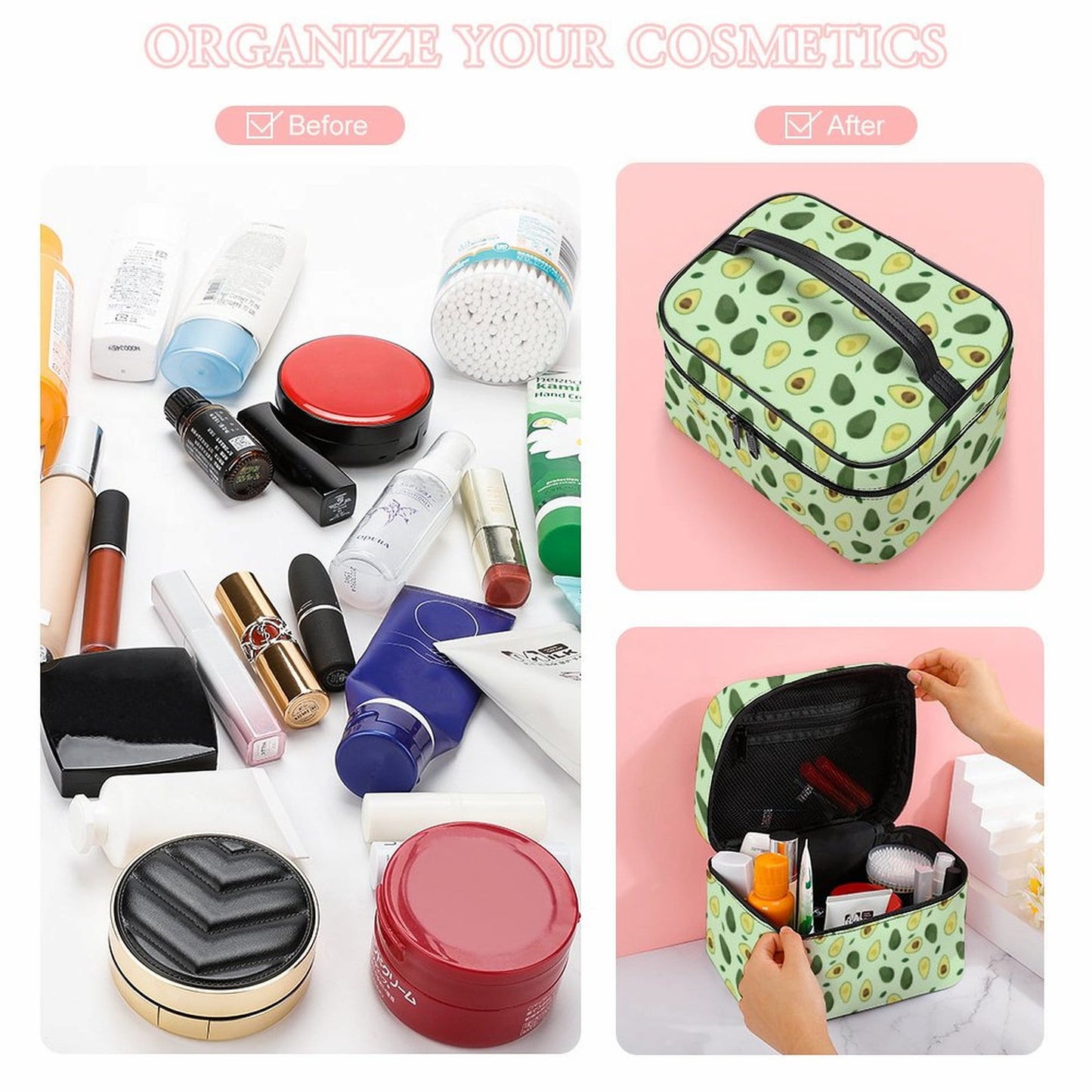 Before & after organization: avocado cosmetic bag for travel toiletries