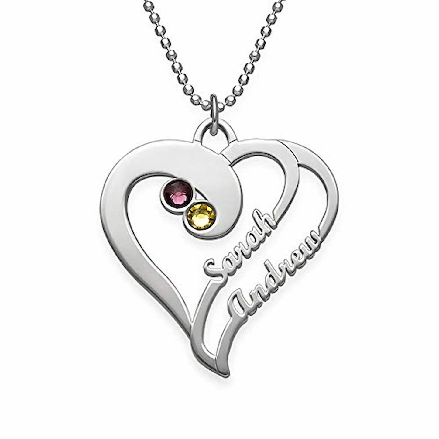 Personalized S925 sterling silver interlocking heart necklace with two custom engraved names and birthstones.