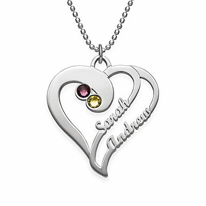 Personalized S925 sterling silver interlocking heart necklace with two custom engraved names and birthstones.