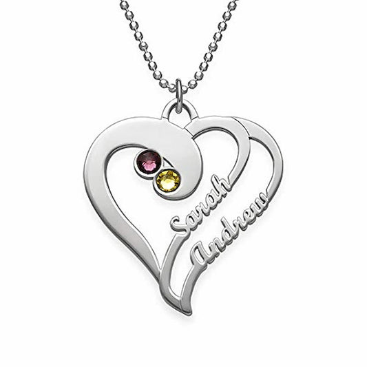 Custom Engraved Couple Name Necklace,Sterling Silver Birthstone Heart Pendant