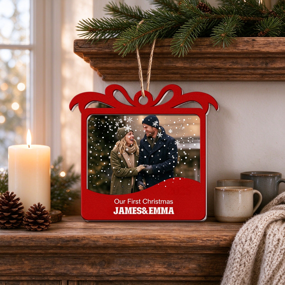 Personalized Couple Photo Christmas Ornament, Our First Christmas Custom Names Gift - main product view