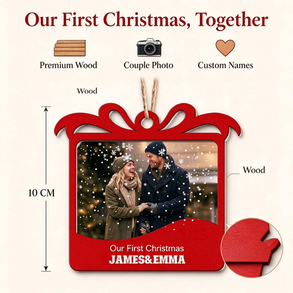Personalized Couple Photo Christmas Ornament, Our First Christmas Custom Names Gift - gift scene