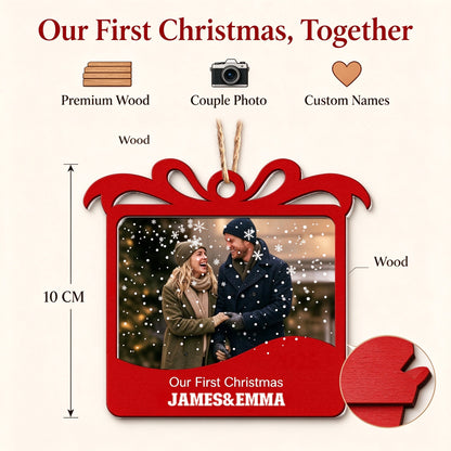 Personalized Couple Photo Christmas Ornament, Our First Christmas Custom Names Gift - gift scene