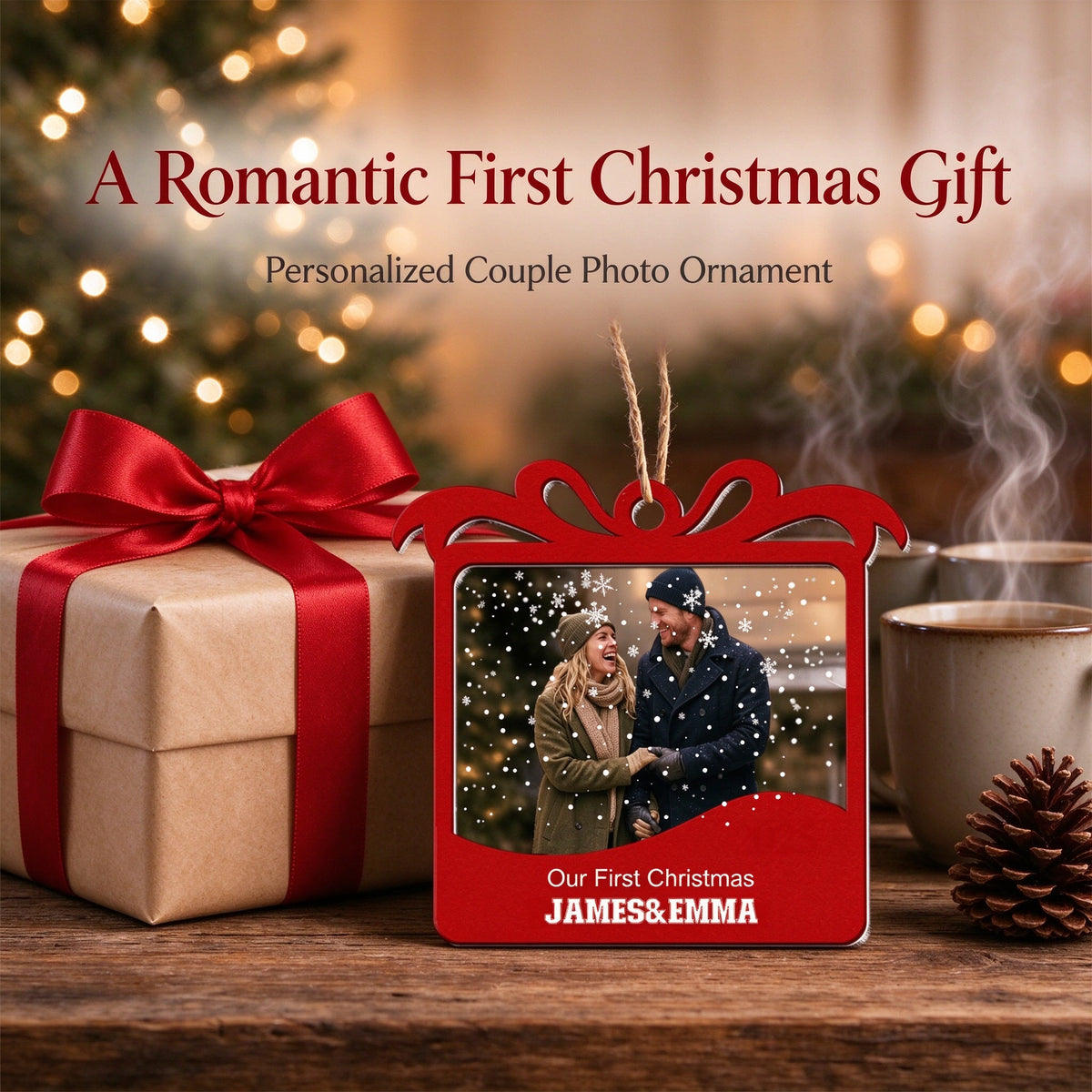 Personalized Couple Photo Christmas Ornament, Our First Christmas Custom Names Gift - centerpiece display