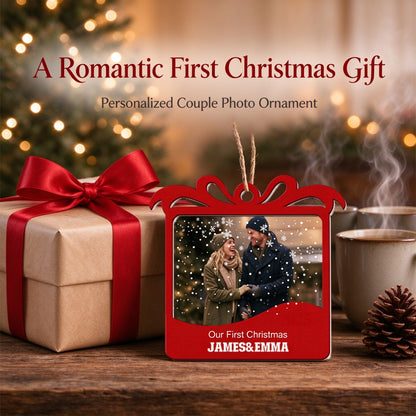 Personalized Couple Photo Christmas Ornament, Our First Christmas Custom Names Gift - centerpiece display