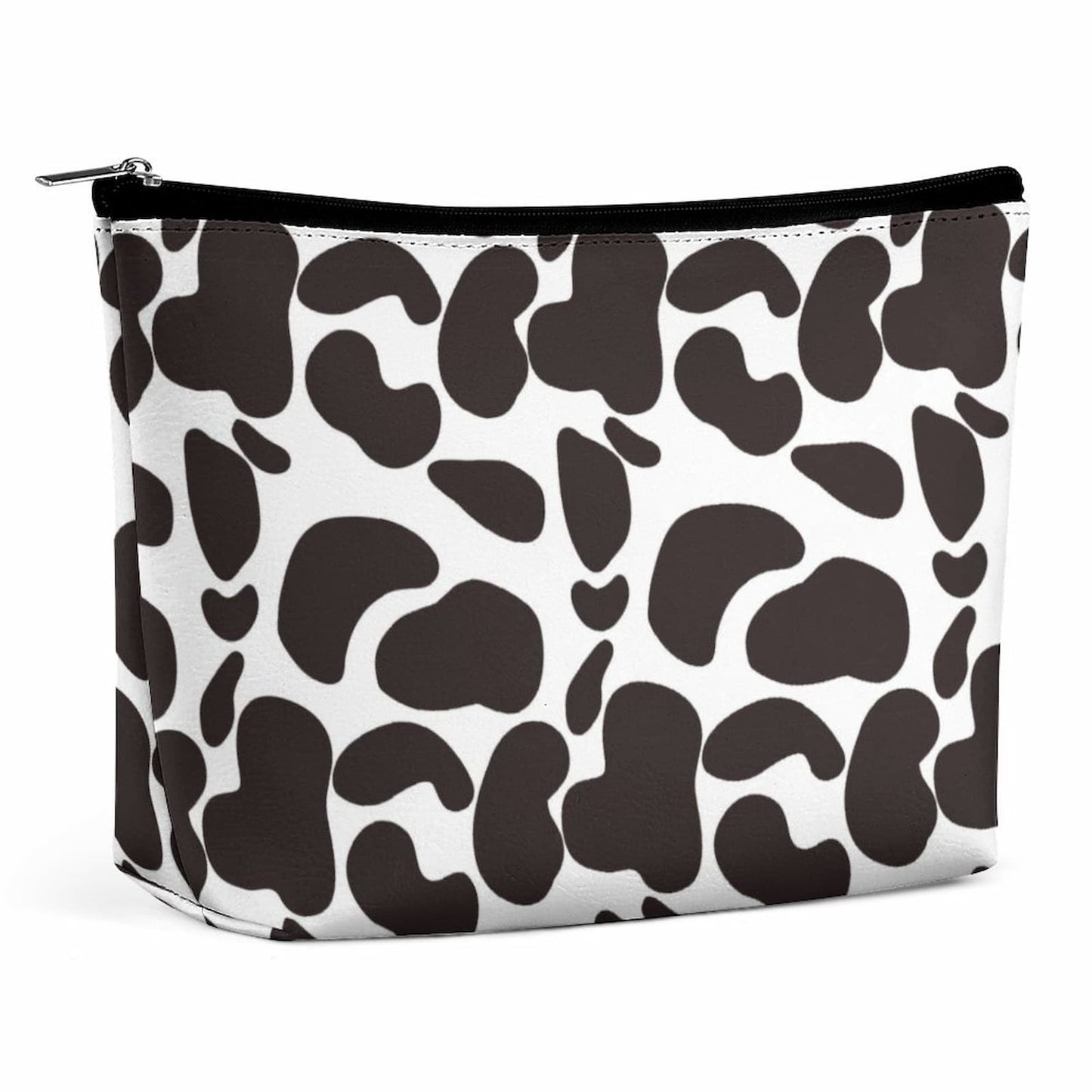Cow Print Small Makeup Bag in PU Leather, front view with black zipper.