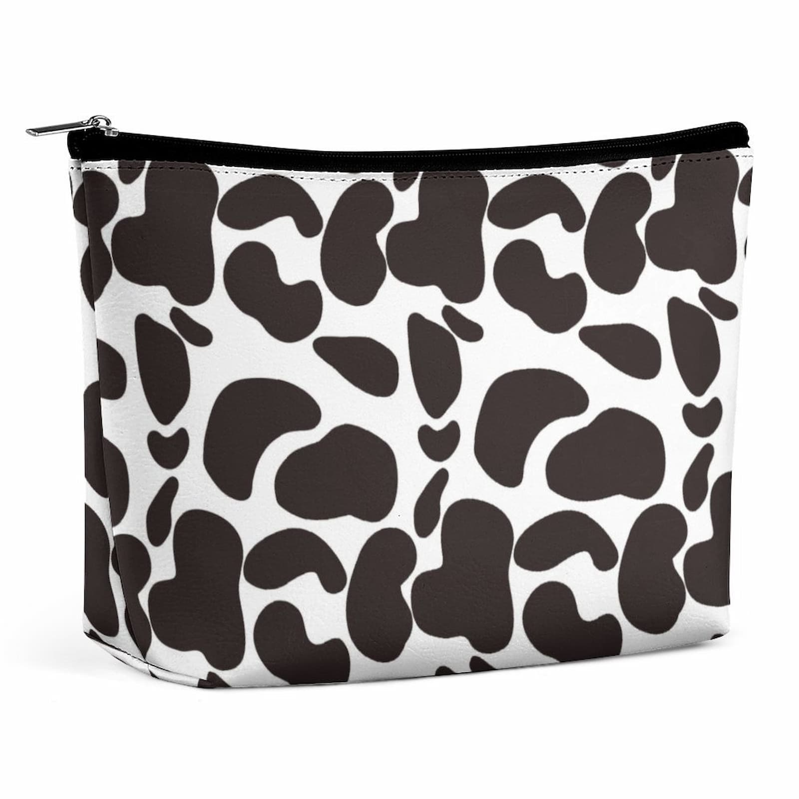 Cow Print Small Makeup Bag in PU Leather, front view with black zipper.